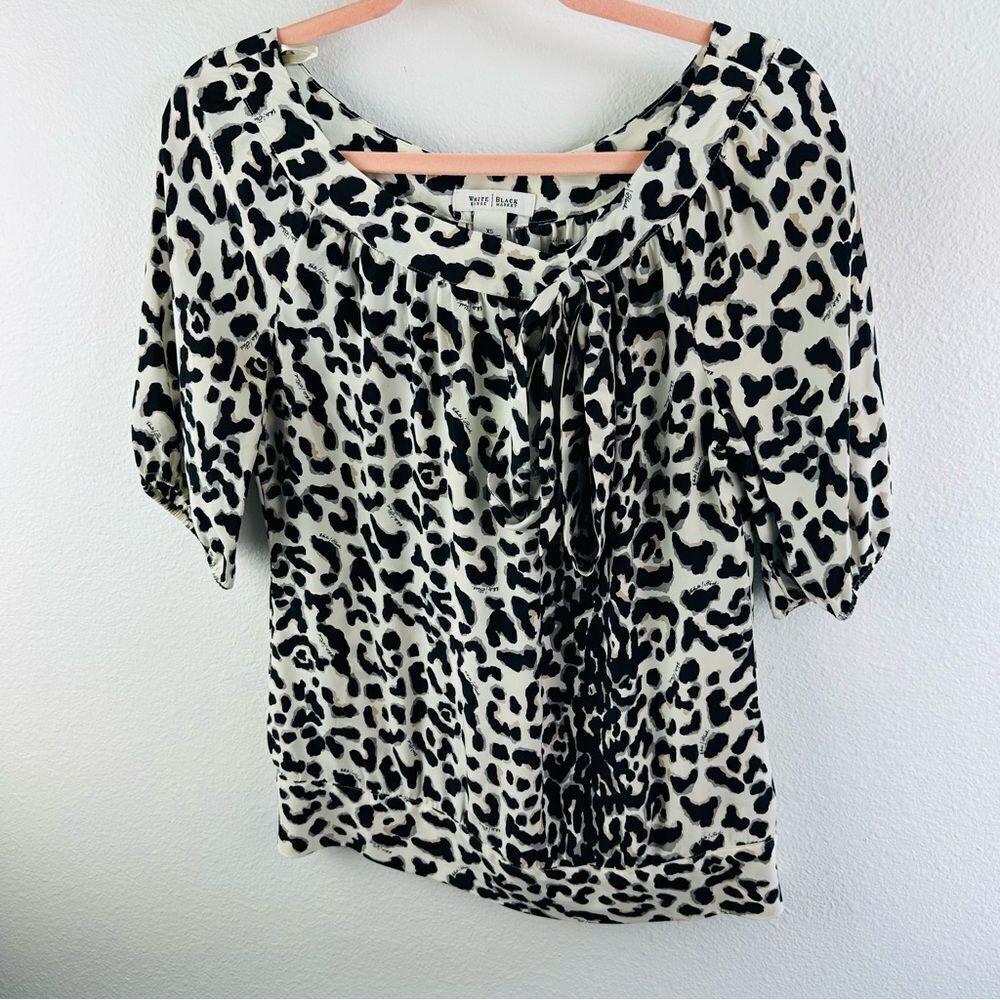 White House Black‎ Market Silk Animal Print Bow Blouse Size XS